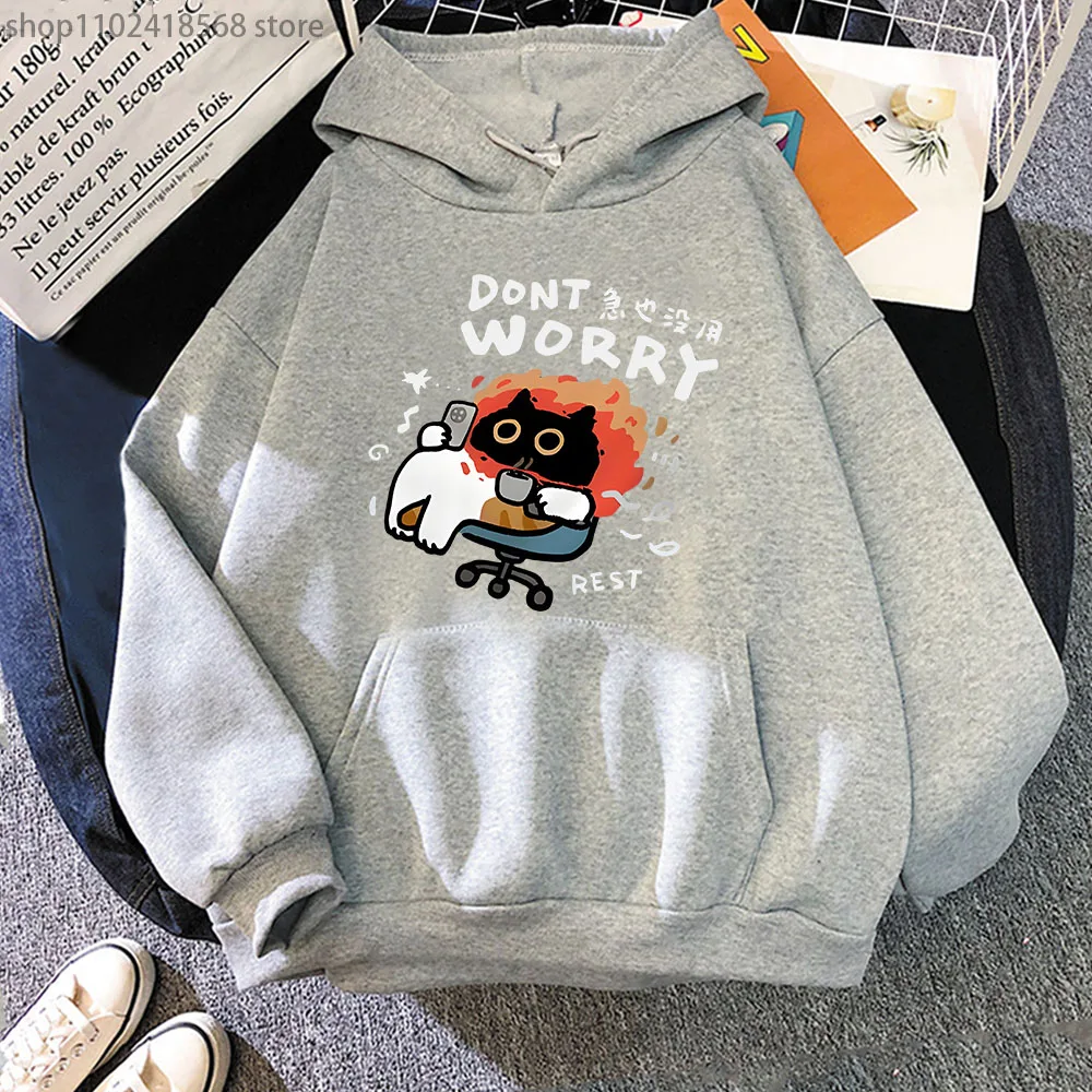 Dont Worrk Rest-sudaderas con capucha para mujer, sudadera con estampado de gato Kawaii de dibujos animados para hombre y mujer, ropa informal con parte superior de animales