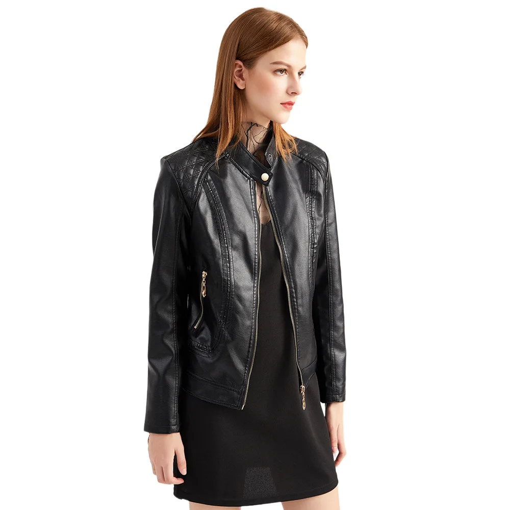 Spring Autumn Women's Zipper PU Leather Jackets Fashion Popular Girls Stand Collar Motorcycle Leather Coats Ladys Biker Jackets
