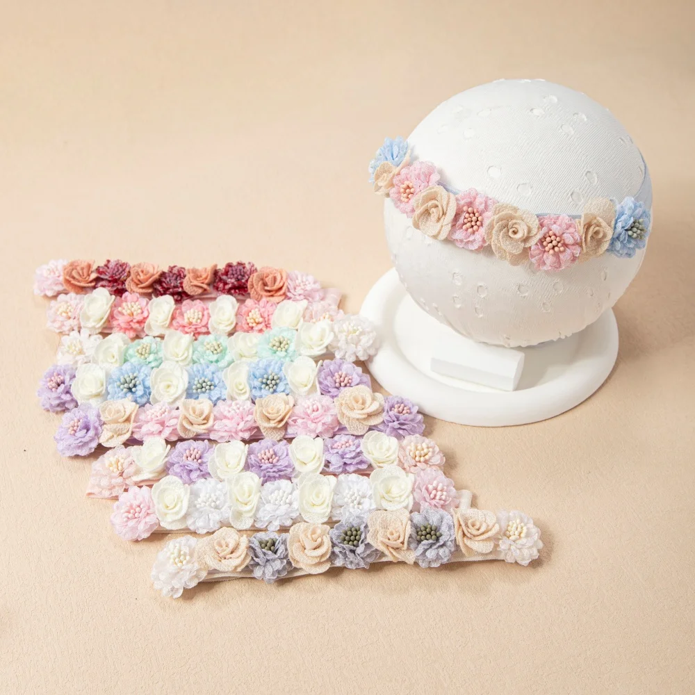 Повязка на голову с искусственными цветами для девочек, эластичная повязка для волос, мягкий венок с цветами для младенцев, детские аксессуары для волос, повязка ручной работы