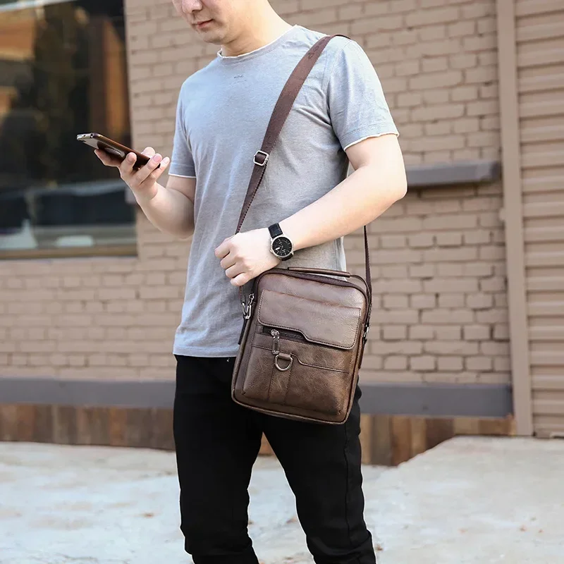 New Vintage Men Crossbody Bag Leather Shoulder Bag for Men Handbags 2024 Brown Black Business Messenger Bag