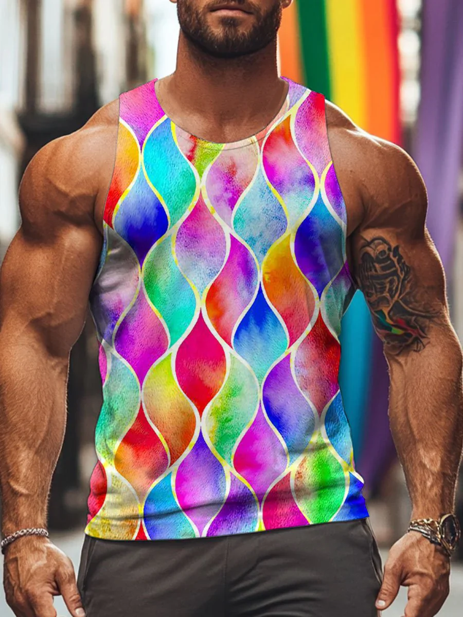 Rainbow Gradient Geometry Men's Pride Tank Top 3D Printed Casual Unisex Tank Top Summer Tops