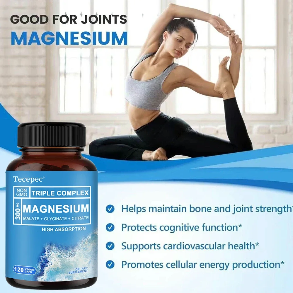 Triple Magnesium Complex - 300 mg Magnesium Glycinate, Malate & Citrate for Bone, Muscle, Nerve & Energy - Highly Absorbable