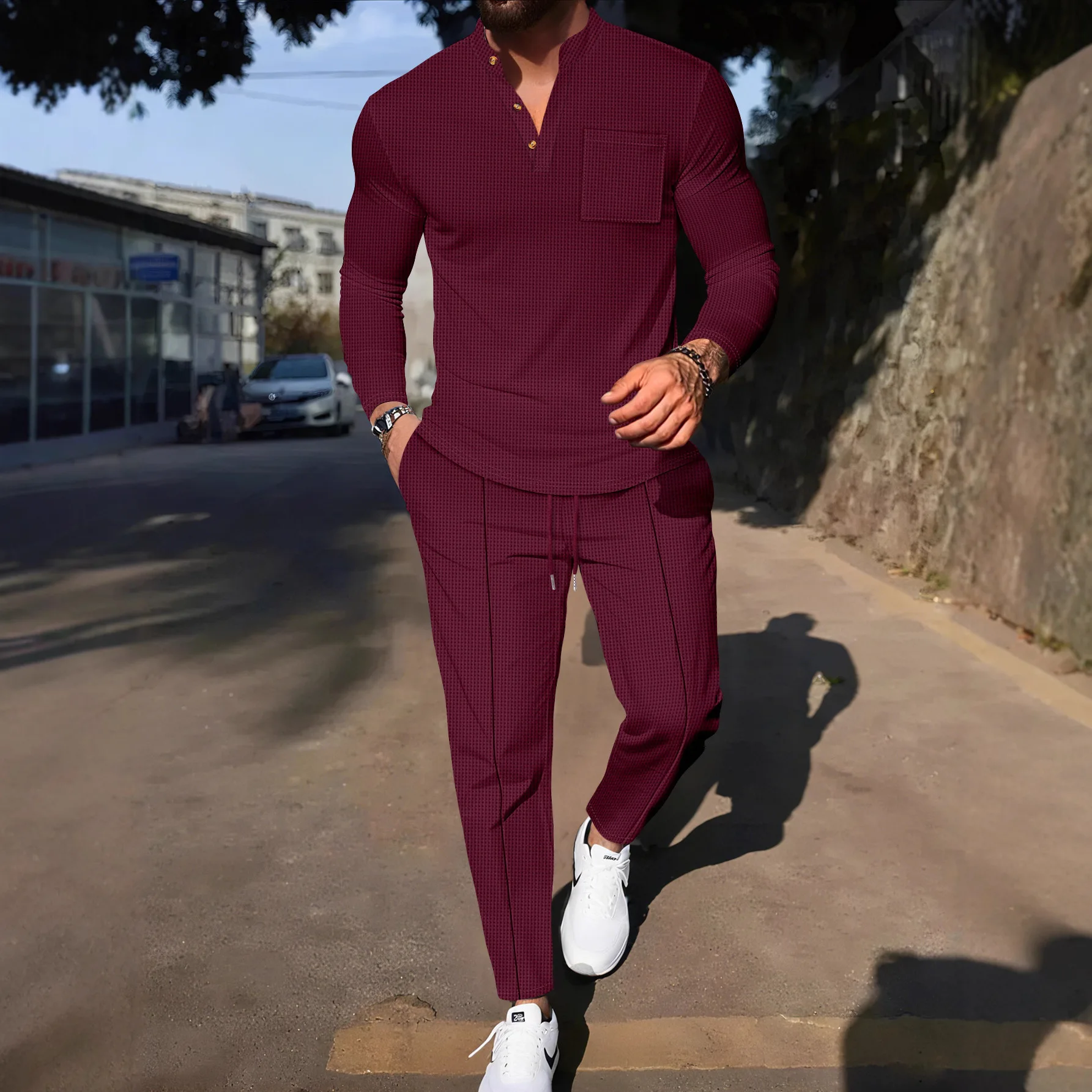Men's Casual Solid Color Button-Up Shirt with Pockets Long-Sleeved Spring/Autumn Style Half-Closed Set