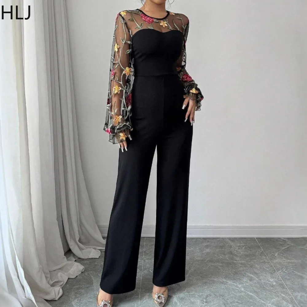 HLJ Black Fashion Mesh Embroidery Stitching Straight Jumpsuits Women O Neck Long Sleeve Slim One Piece Playsuits Female Overalls