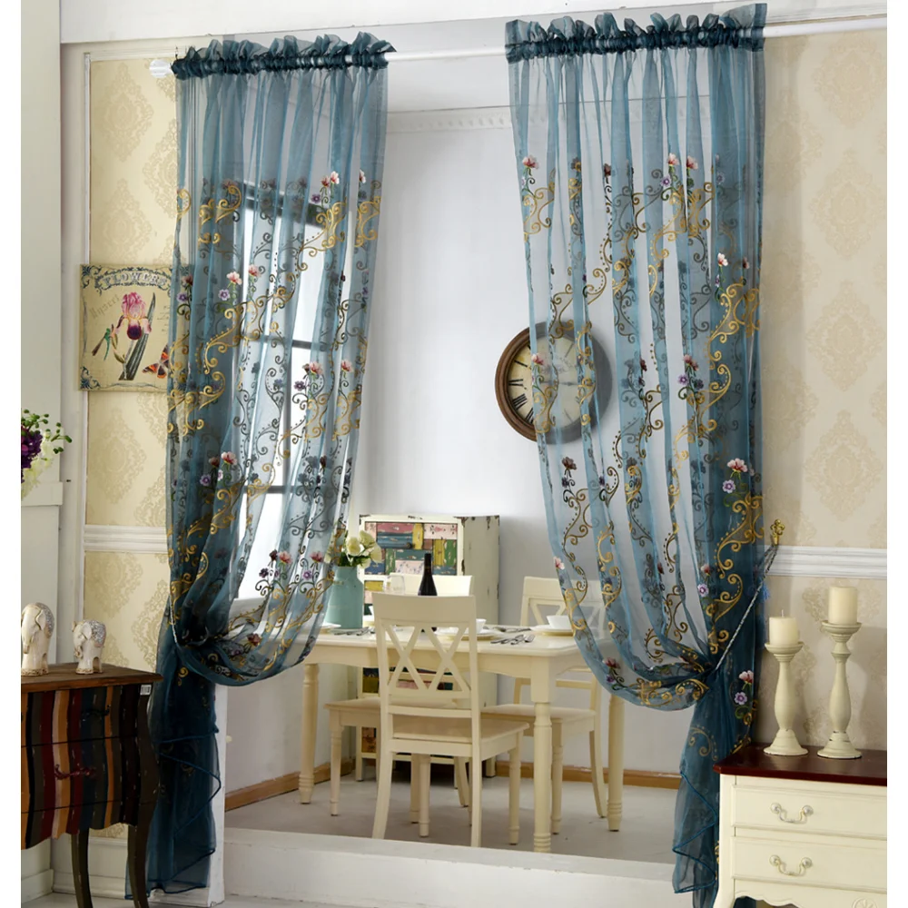 Door European luxury blue tulle curtains for living room bedroom embroidery partition translucent Window Elegant sheer yarm