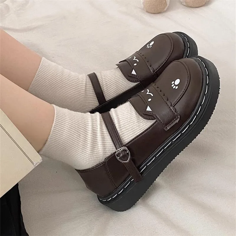 Buckle Single Lolita Kawaii Cat Flat Mary Janes Shoes Preppy Style Student Women's British Style Thick Bottom Pumps