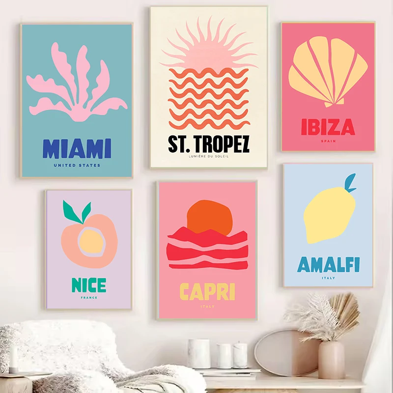 Mykonos Ibiza Miami Bondi Amalfi St. Tropez, Impresión de Viaje con Diamantes de Colores, Póster Abstracto, Murales, Arte de Pared Nórdico, Decoración