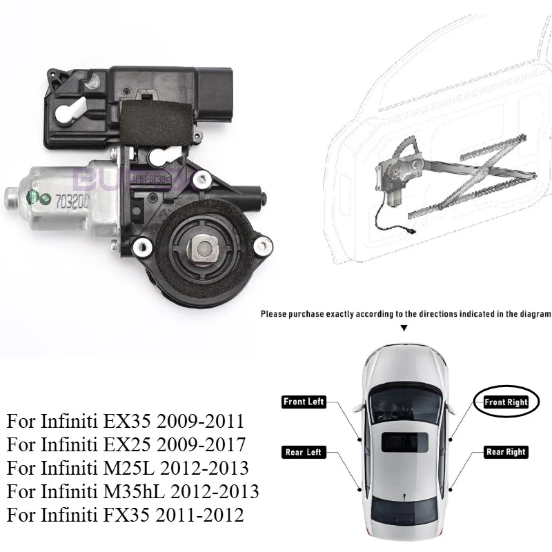 

1pc Front Right Power Window Motor for Infiniti EX35 EX25 M25L M35hL FX35 Electric Glass Regulator High Quality Parts 807501BN0A
