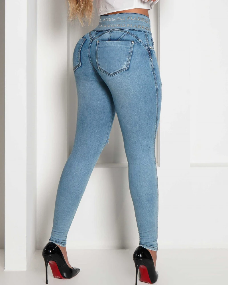 Damskie spodnie obcisłe z dziurami i rozdarciami Legginsy z wysokim stanem Casual Retro Ołówkowe spodnie dżinsowe Rozcięte kieszenie Spodnie
