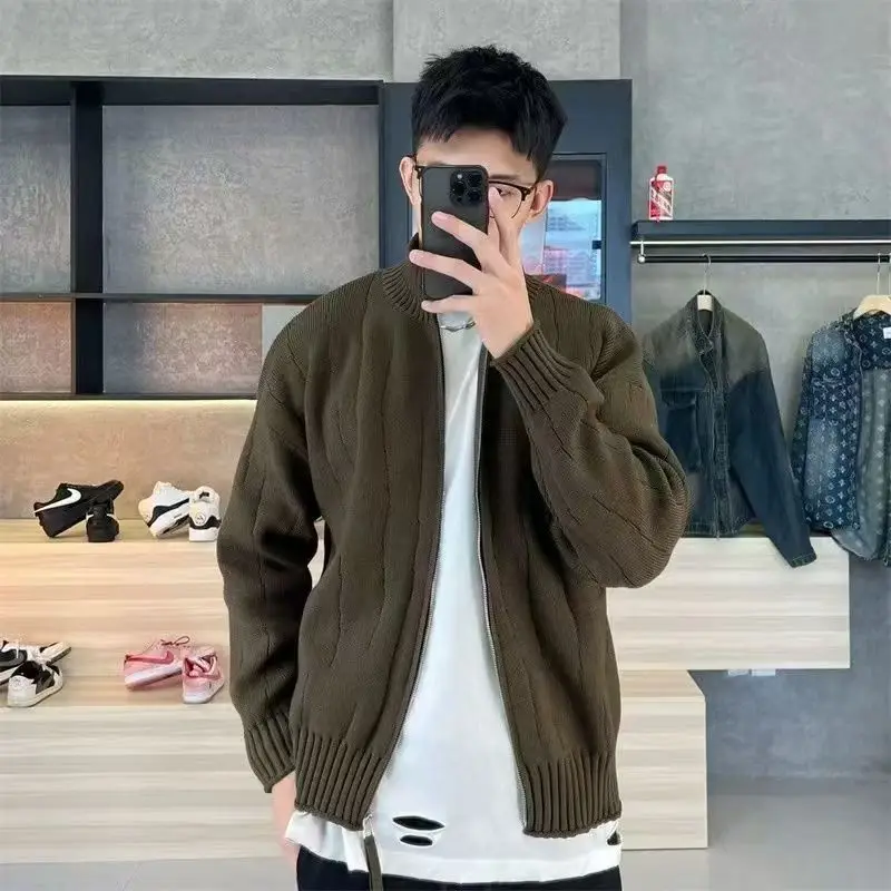 

Bla Zipper Casual Knitted Sweater Men's Spring Autumn Outerwear Stand Collar Long Sve Elastic Youth Faion Bamboo Knit
