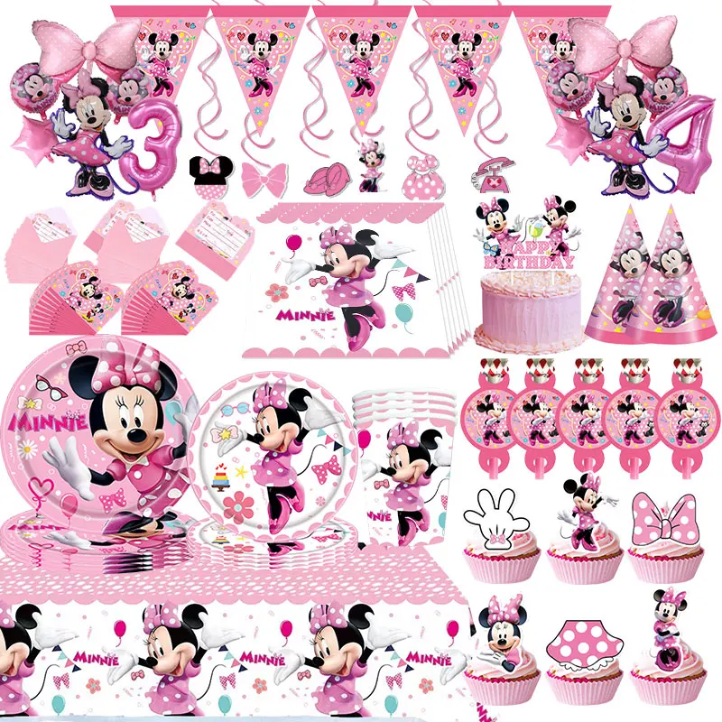 Décoration d'anniversaire Minnie Mouse, vaisselle de dessin animé Minnie, assiette, tasse, serviette, ballons, bannière, toile de fond, sac cadeau, fournitures de fête pour enfants