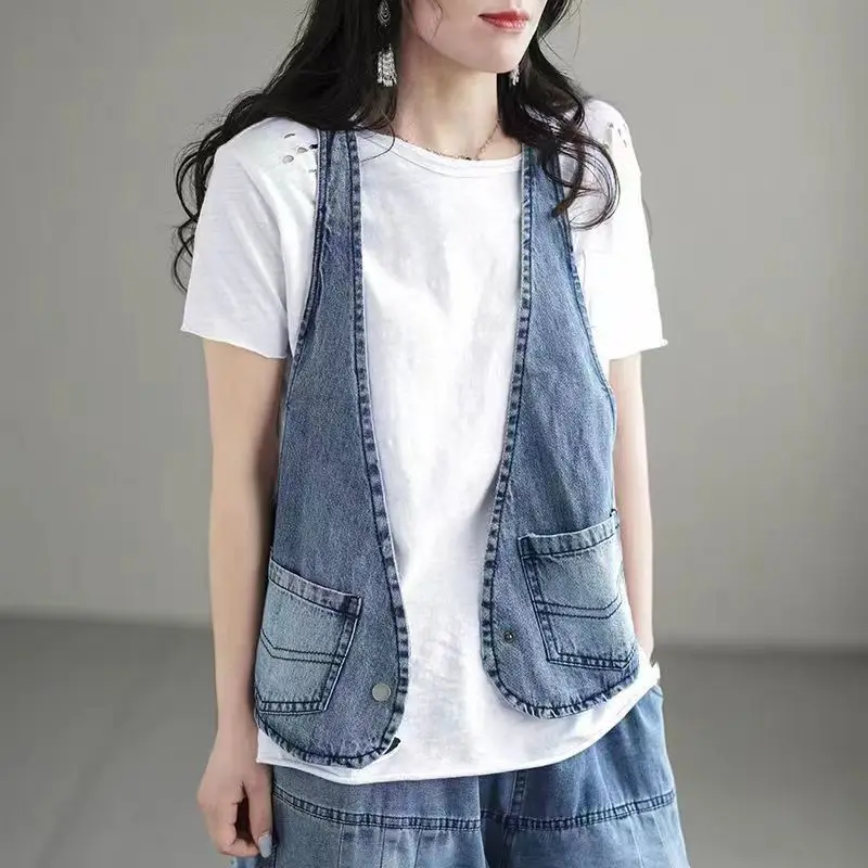 Women Vest Waistcot Vintage Denim Vest V-neck Streetwear Women Clothes Tops Sleeveless Jackets Cardigans Blue Black Tank New