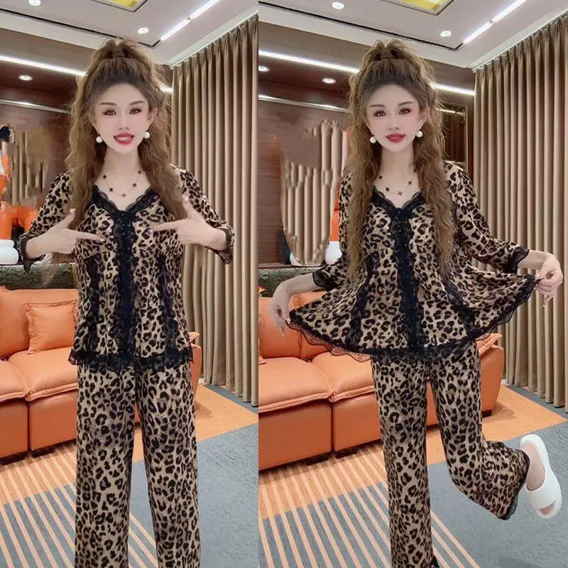 

Женские пижамные комплекты с кружевными краями и v-образным вырезом для девочек, леопардовый принт с подушкой на груди, брюки, весенне-осенняя одежда, универсальная одежда для сна