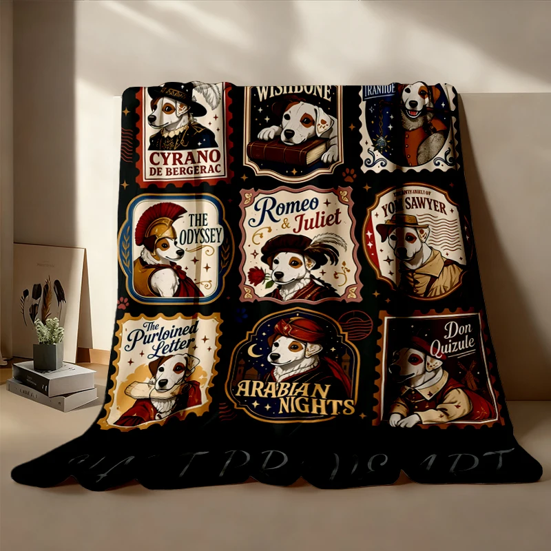 Wishbone Literary Society Dog, Wishbone Dog Flannel Blanket, Literary Lover Flannel Throw, Jack Russell Bookworm Cozy Bl