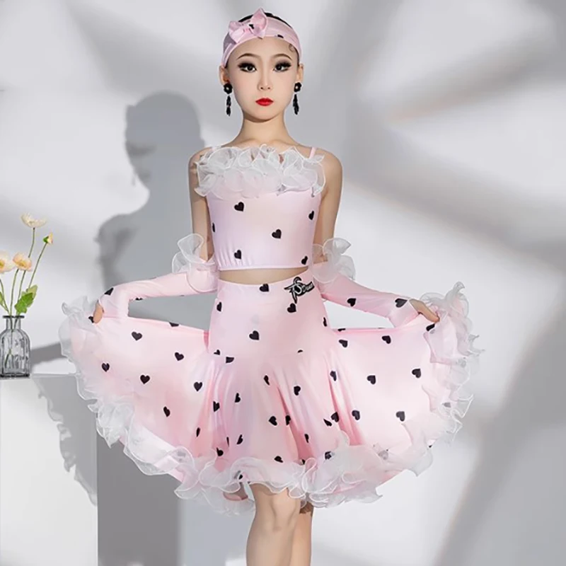 

Children Heart Print Latin Dance Dress Girls Kids Summer Sleeveless Backless Competition Dancewear Training Performance Costume