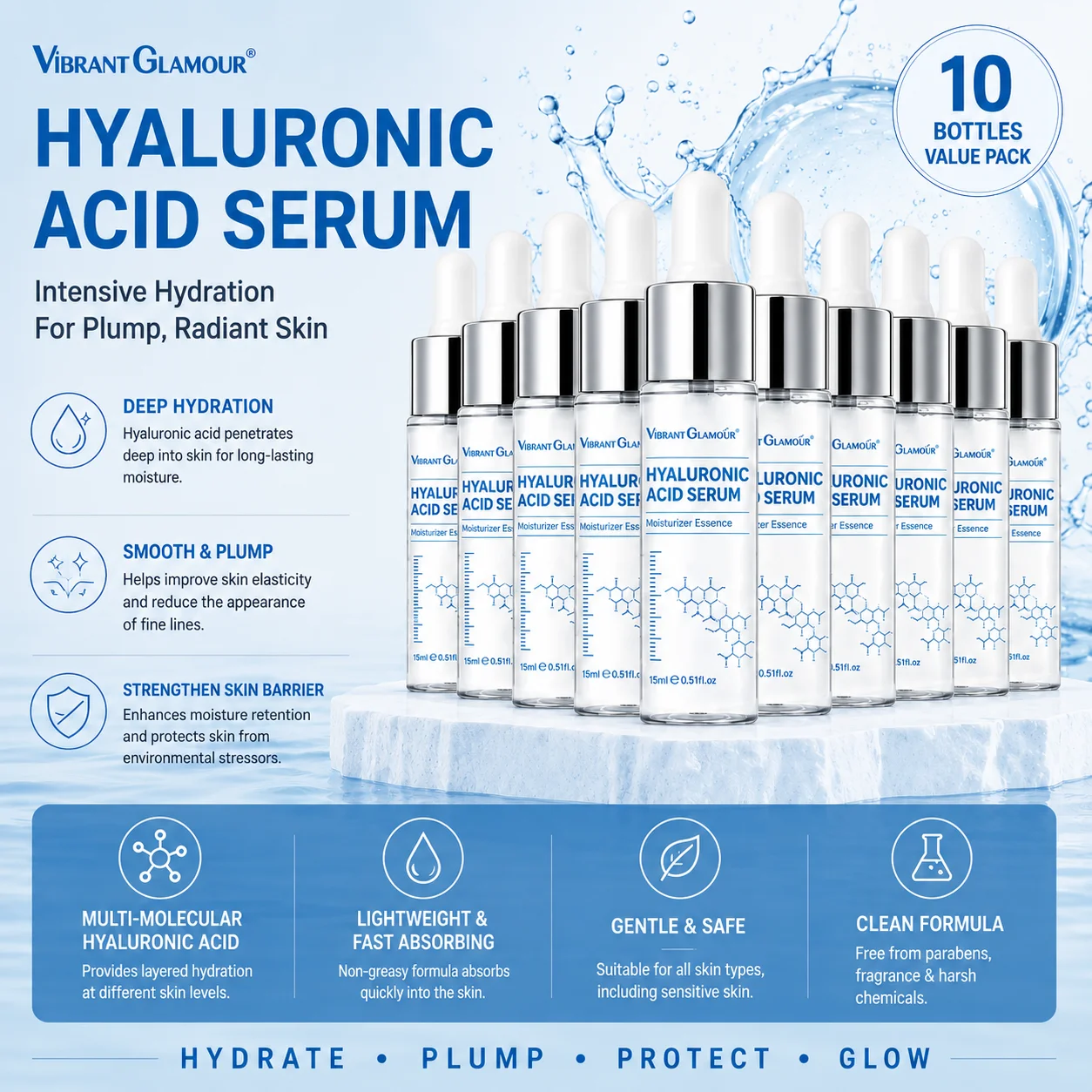 VIBRANT GLAMOUR Hyaluronsäure Gesichtsserum Hautpflege 15ml*10 Stück – Detail 1