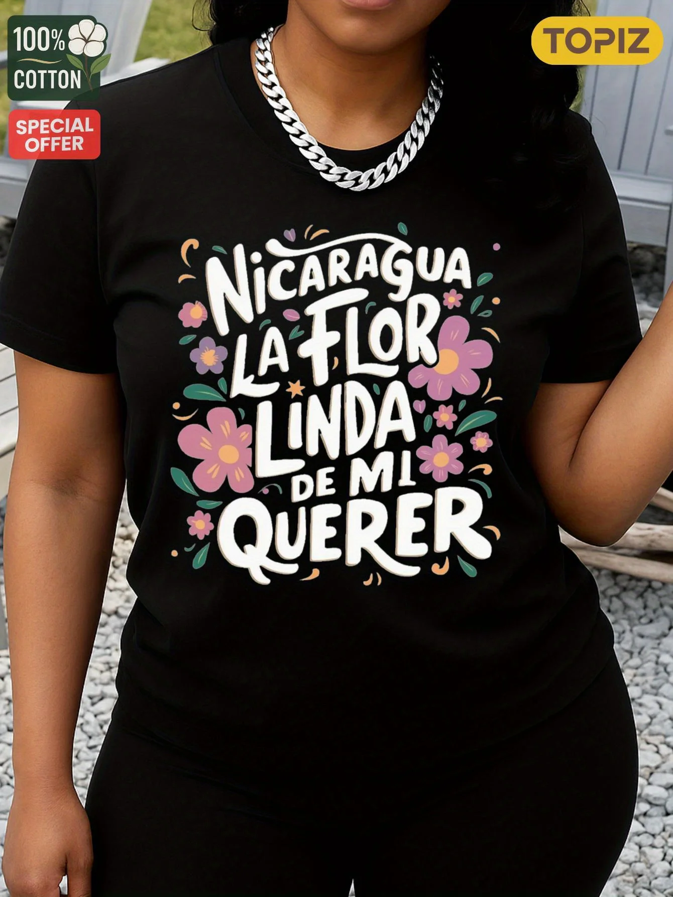 [플러스 사이즈] 여성용 그래픽 티셔츠, 반팔 크루넥 탑, 단체 주문, 100% 면, 니카라과 아름다운 꽃