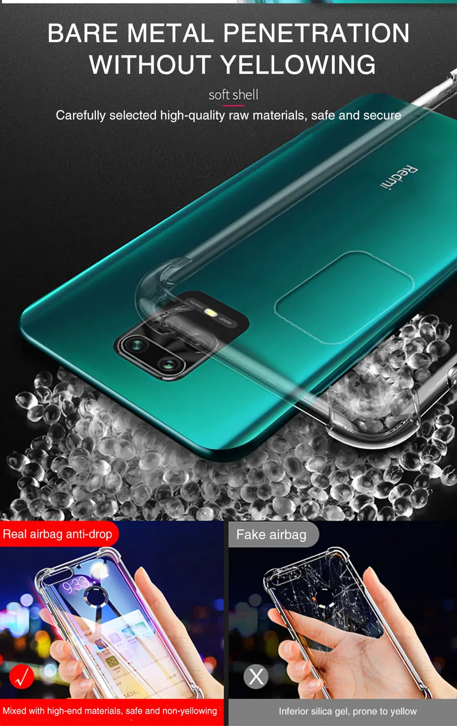 Airbag Dicke stoßfeste TPU-klare Hülle für Xiaomi Redmi Note 9 9s Note9 Pro Silikon transparente Soft Cover Cases – Detail 4