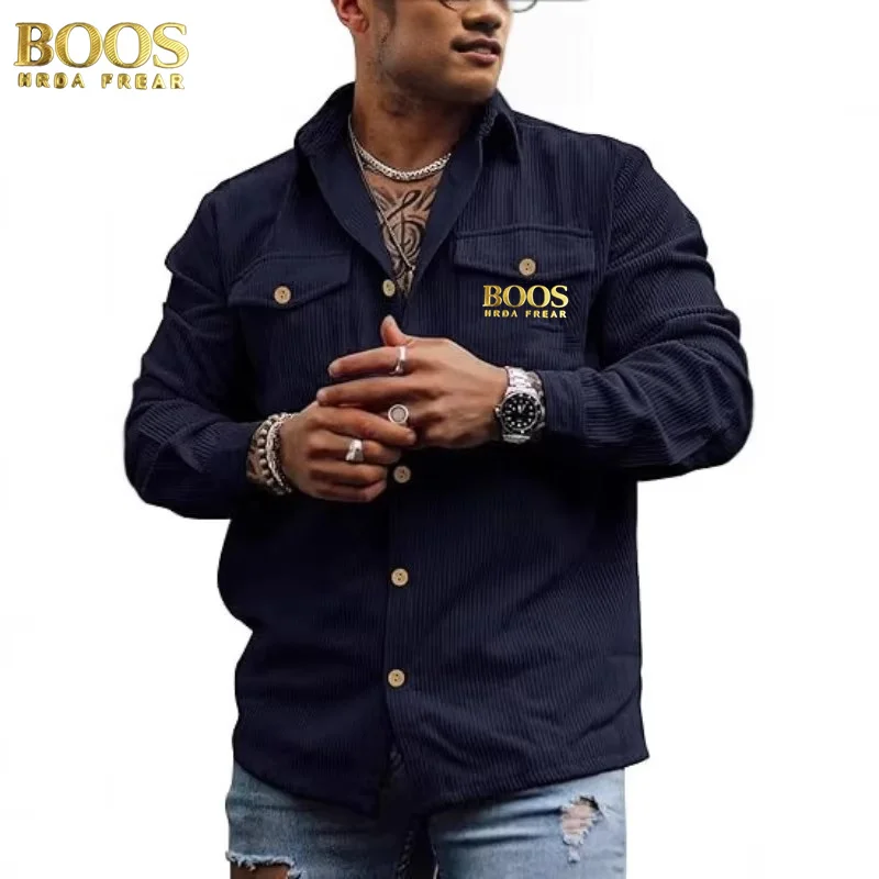 سترة BOOSHRDAFREAR سروال قصير بأزرار وأكمام طويلة مخططة كاجوال بجيب مزدوج قميص عمل على الطراز الكوري للرجال