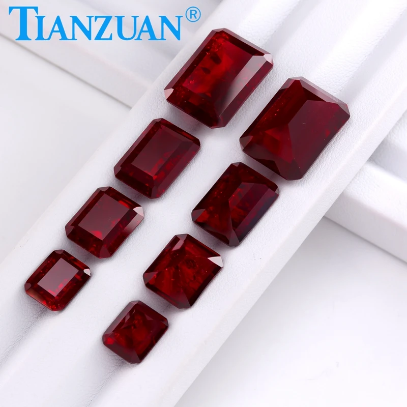 

Rectangle Shape Emerald Cut Lab Grown Ruby Deep Red Ruby Synthetic Corundum with Cracks Inclusions Inside with AGL Certificate