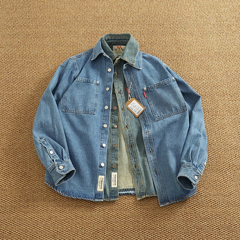 American Casual Men's Long Sleeve Denim Shirt Pure Cotton Heavyweight Washed Vintage Workwear Layering Shirt Jacket