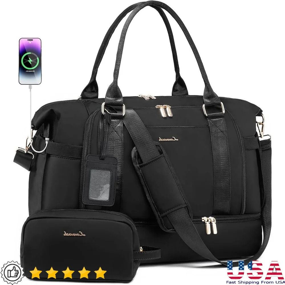 

Travel Duffel Bag with USB Charging Port Shoe Compartment Women Weekender Overnight Gym Bag Carry on Tote Bag with 12 Pockets