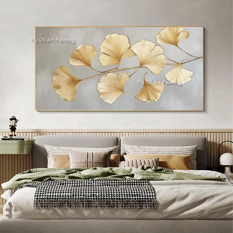 

Popular Home Wall Decor Items Hand Painted Original Yellow Ginkgo Biloba Leaves Canvas Thick Artwork Abstract Grey Oil Painting