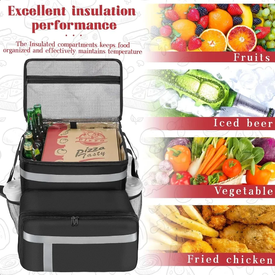 Mochila para entrega de alimentos, bolsa isolada expansível para entrega de alimentos, bicicleta com faixa reflexiva, grande bolsa para entrega de pizza