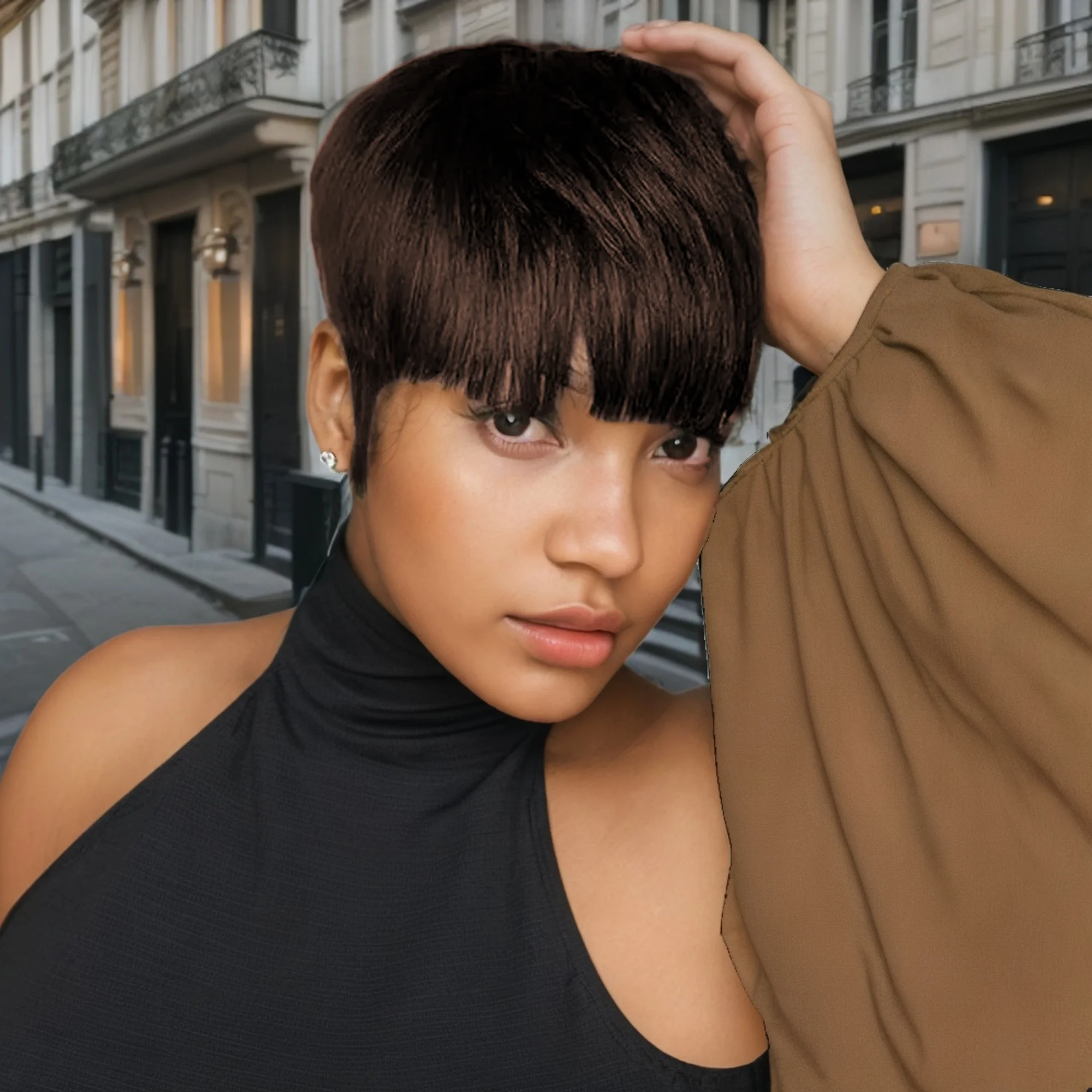 باروكات بيكسي أنيقة قصيرة الطبقات مع غرة مصنوعة آليًا بالكامل من شعر بشري برازيلي مفرود