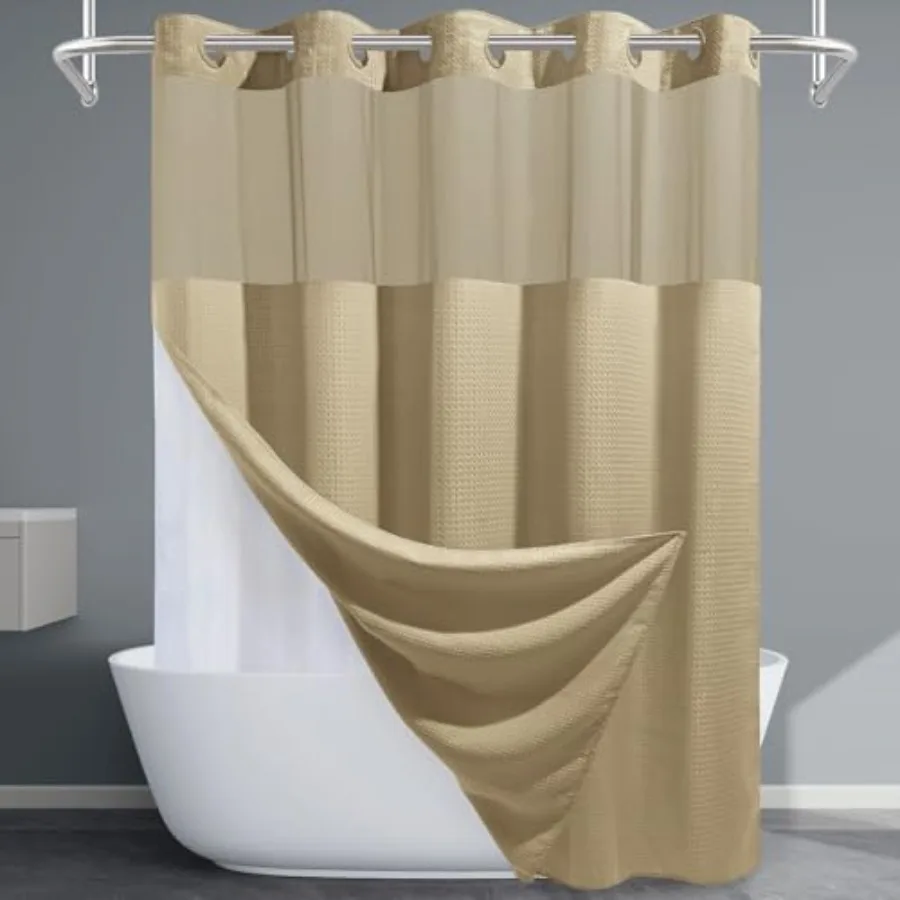 

Beige No Hook Shower Curtain with Snap in Liner, 230GSM Waffle Weave Shower Curtains for Bathroom, 71W x 74H