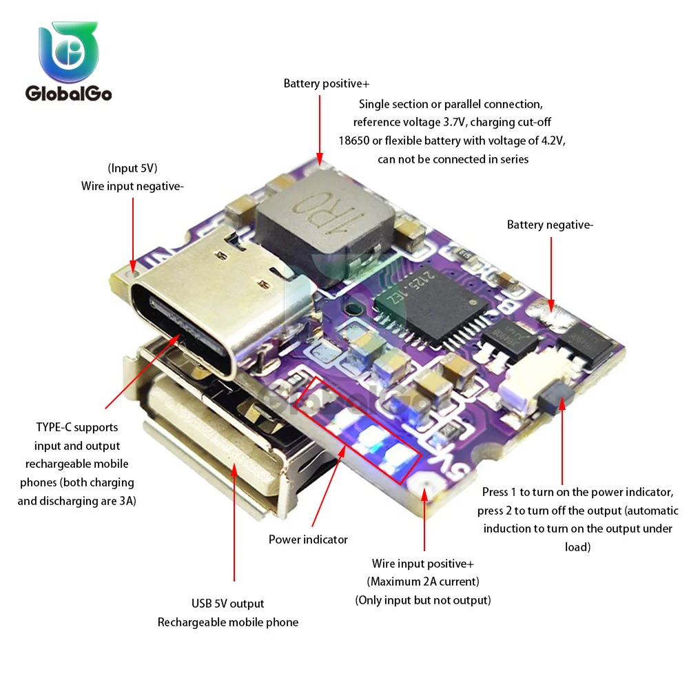 Tipo-C USB 5V 3.1A Boost Converter modulo di alimentazione Step-Up IP5310 accessori per Power Bank mobili con interruttore indicatore LED
