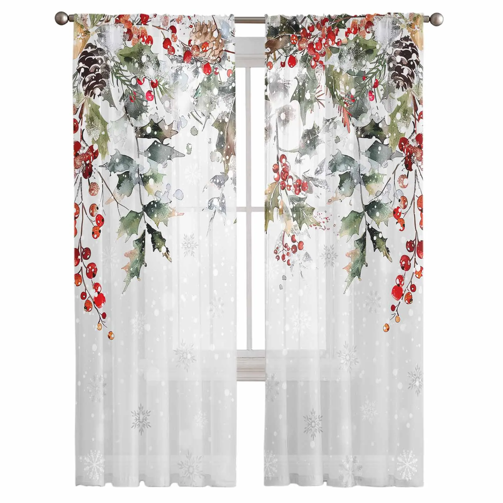 Christmas Pine Berry Eucalyptus Leaf Snowman Curtains For Living Room Bedroom Home Decoration Window Voile Tulle Curtain Drapes