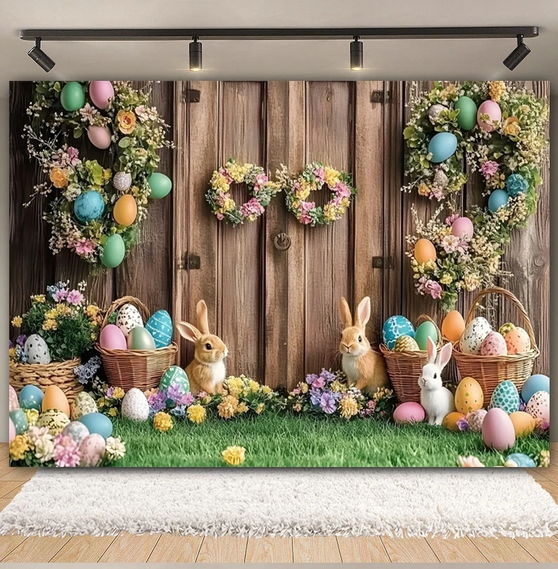 Sfondo fotografico di Pasqua primaverile Porta in legno Muro di mattoni bianchi Fiori Uova di coniglio Fiore Decorazioni per compleanno per bambini Sfondo fotografico