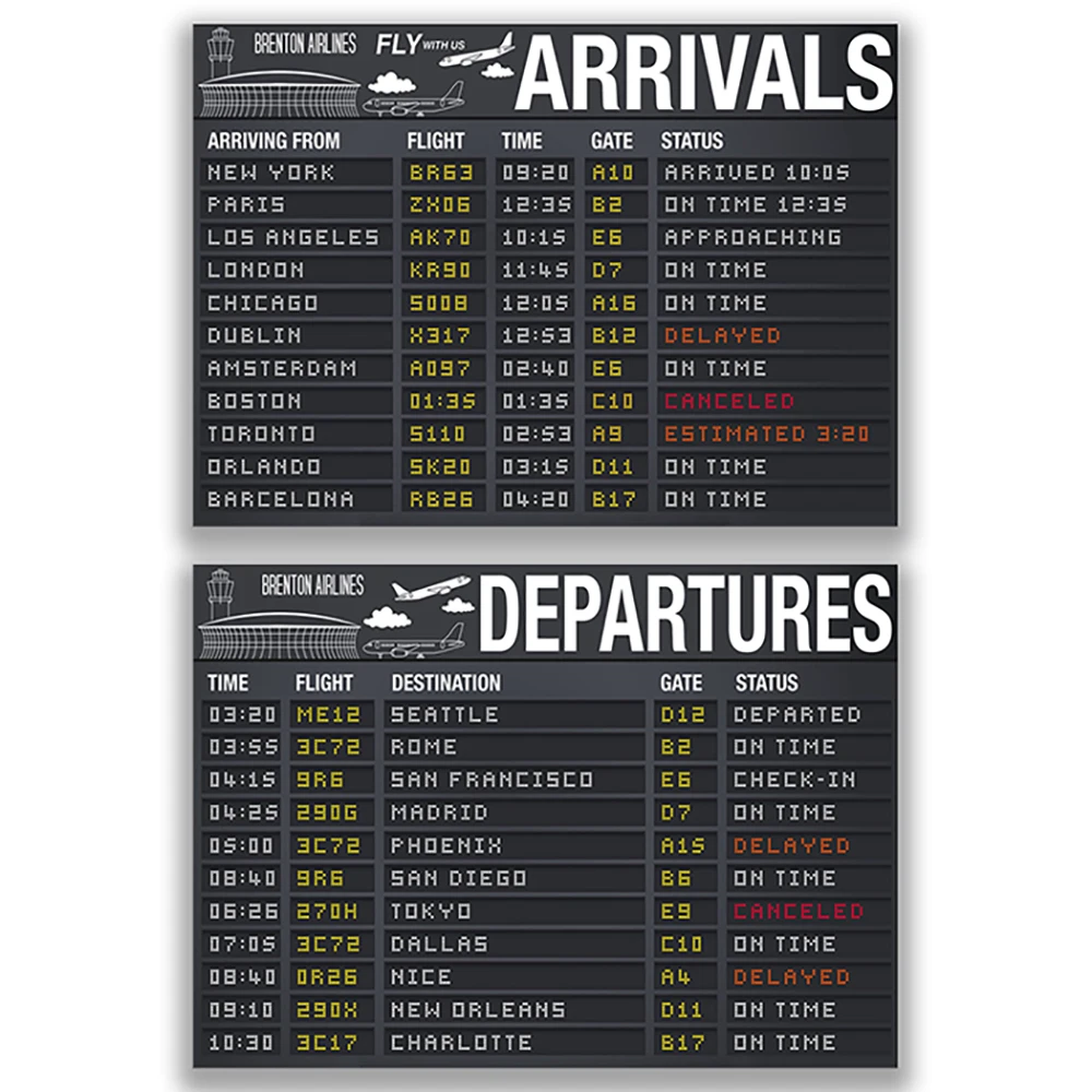 Airplane party poster, arrival and departure two signs set, airport terminal signs, use for self edit. aviator decoration