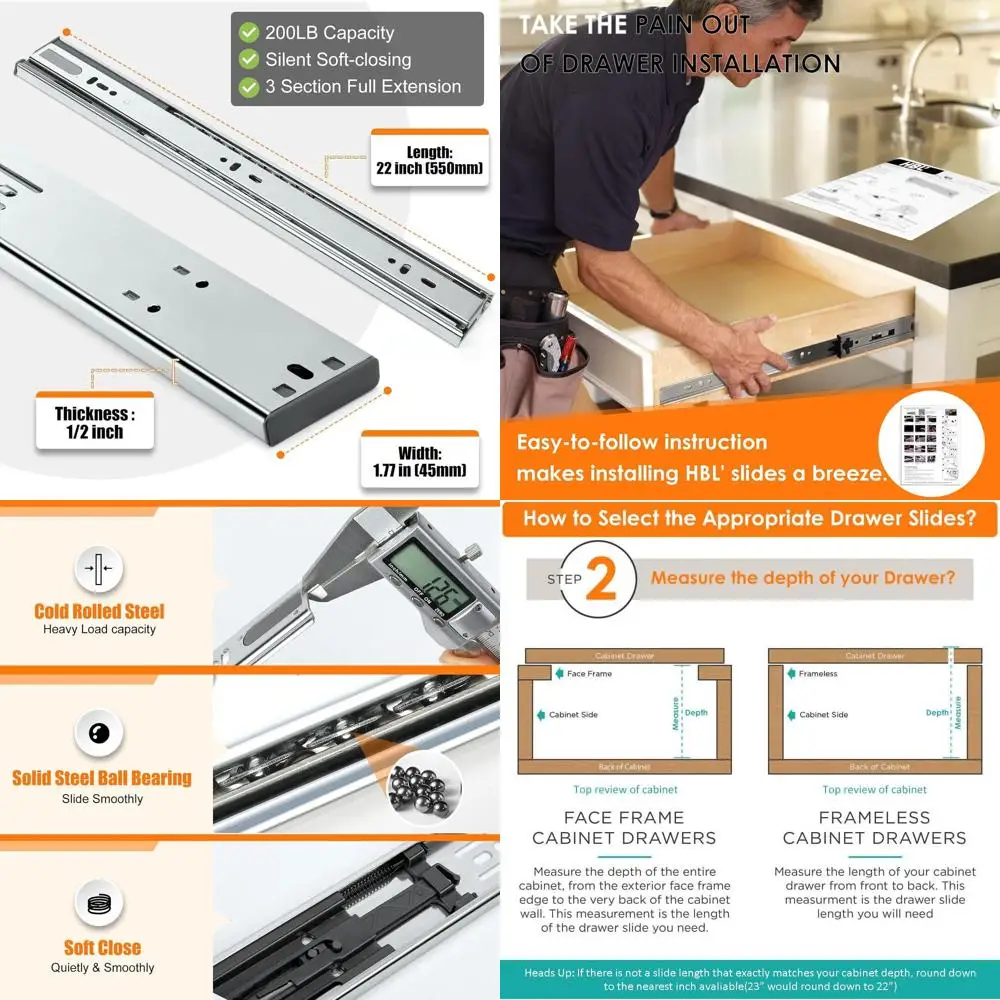 

20 усиленных направляющих для выдвижных ящиков шкафов, полный выдвижной ход 22 дюйма, нагрузка до 200 фунтов, холоднокатаная сталь, устойчивая к ржавчине