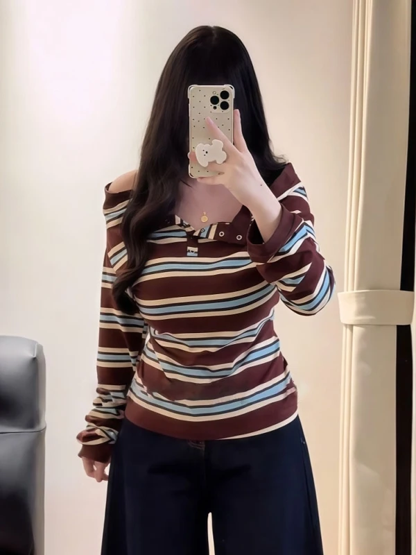 

plus Size Slimming Stripe Long Sve One oulder T-irt Vintage Sle Casual Wear Autumn Aosphere Feeling Hot Girl Stree...