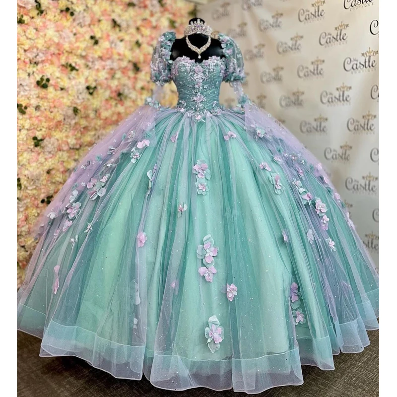 Customized Mint Blue Quinceanera Dresses 2024 Half Sleeve Ball Gown Appliques Beading Sweet 16 15 Vestidos De Fiesta YQD239