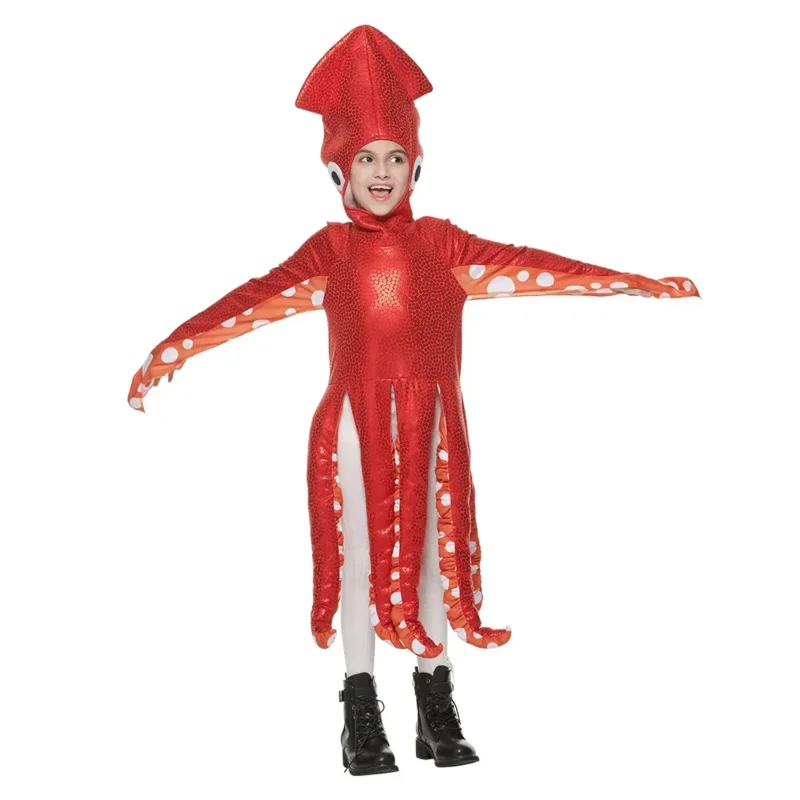 2024 Girls Squid Costume Red Unisex Cute Octopus Kids Sea Animal Halloween Party Fancy Dress Up Purim Cosplay