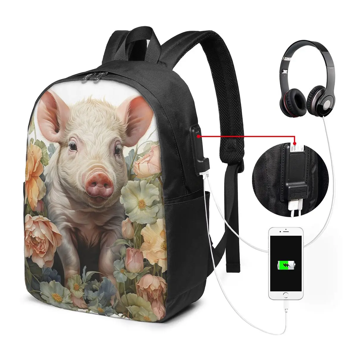 Adorable Pig And Floral Print Backpack Travel Notebook Bag Computer College Student School Bag Laptop Shoulder Bags Men Women