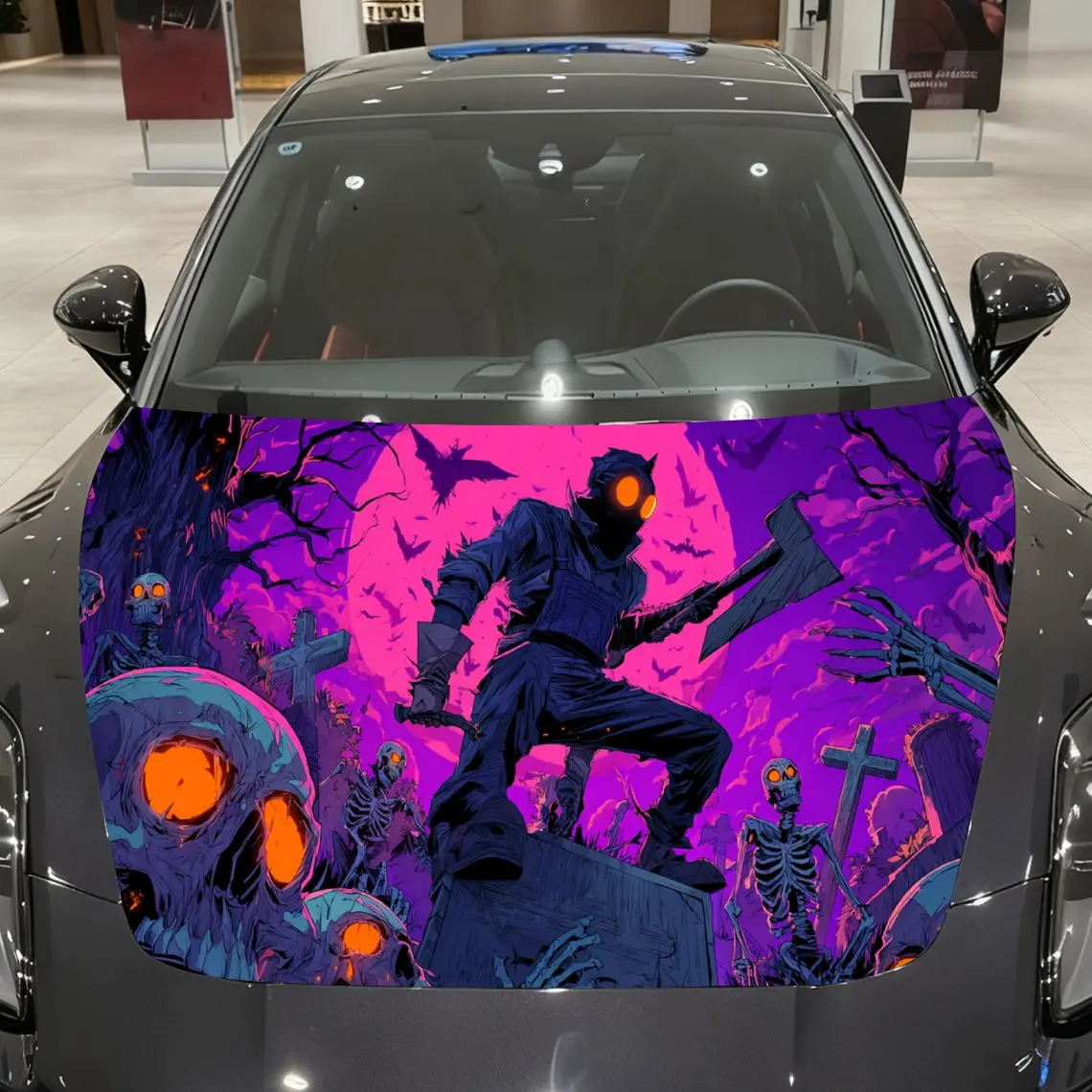 Neon Halloween Cemetery Madman Car Vinyl Wrap, PVC Material Waterproof Car Hood Sticker, Self-Adhesive Scratch-Resistant Sticker