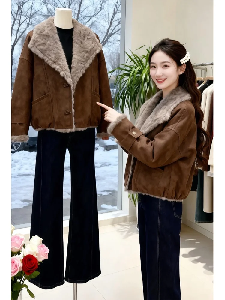 

Корейская короткая куртка из искусственного меха и кожи для женщин, зимняя, теплая, с воротником-стойкой, премиум-класса, с длинными рукавами, цветная