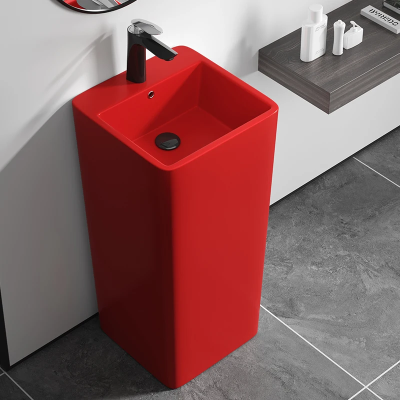 Matte column basin floor standing face washing orange ceramic red hand washing small integrated column