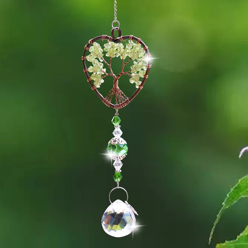 Muy Bien Natural Green Dongling Gravel Tree of Life Crystal Pendant Quartz Gemstone Reiki Energy Car Hanging Ornament Home Decor