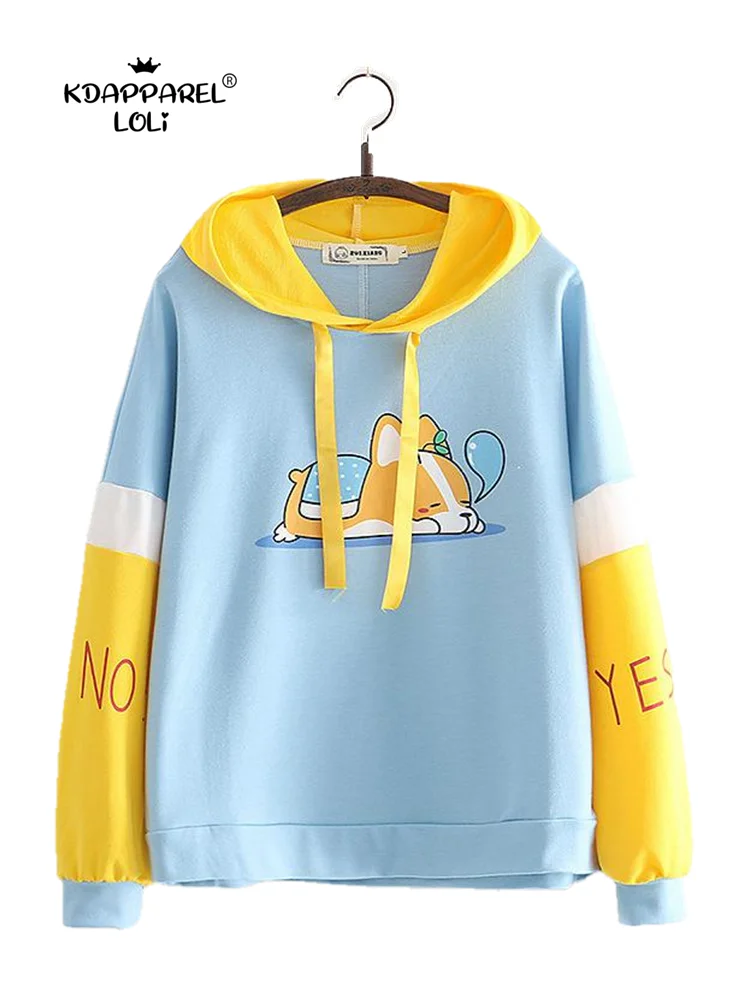 Kawaii Sweatshirts Women Girls Pullovers Sweet Teens Tops Cartoon Animal Corgi Dog Hooded Long-Sleeve Female Hoody Spring Autumn