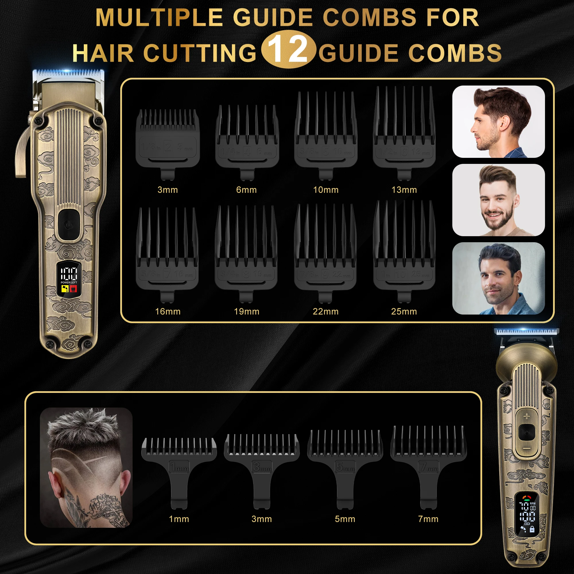 Scttomon مقص الشعر الكهربائية المتقلب للبشرة تتلاشى أصلع رئيس الحلاقة شعري نحت اللحية التشذيب النفط رئيس نمط 2-قطعة مجموعة #5