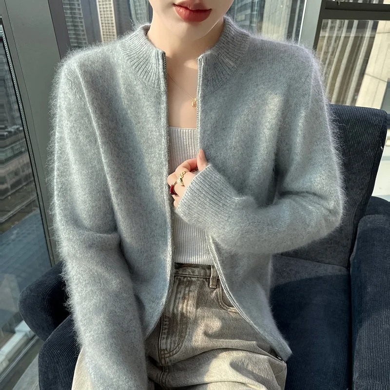 الخريف والشتاء المنك الكشمير سترة المرأة سستة أعلى الصوف محبوك سترة معطف