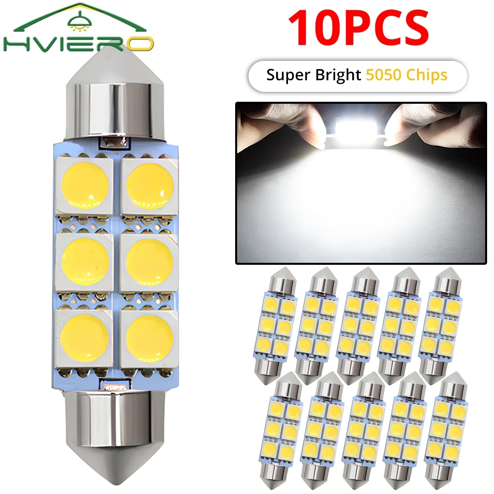 10X T10 5050 6SMD 31mm 36mm 39mm 41mm White Led C5w C10w Interior Festoon Dome Luggage Lamp Reading Bulbs DC 12v Door Read Light