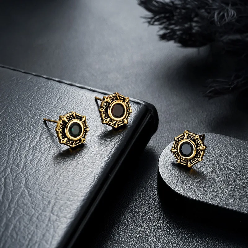 Vintage Octagonal Hollow Gem Gold Stainless Steel Crystal Inlay Gothic Piercing Stud Earrings for Men
