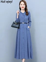 Spring Autumn Long Sleeve Cotton Linen Midi Dress Women Elegant Bodycon Office Lady Dress 2024 Vintage Solid Casual Party Dress