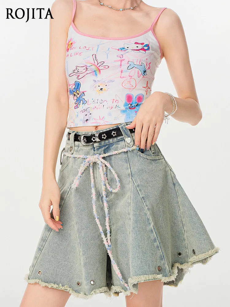 Y2K Vintage Washed Denim A-Line Shorts Frayed Hem Tie-Waist Culottes Denim Skirt Women's Summer New High-waisted A-line Culottes